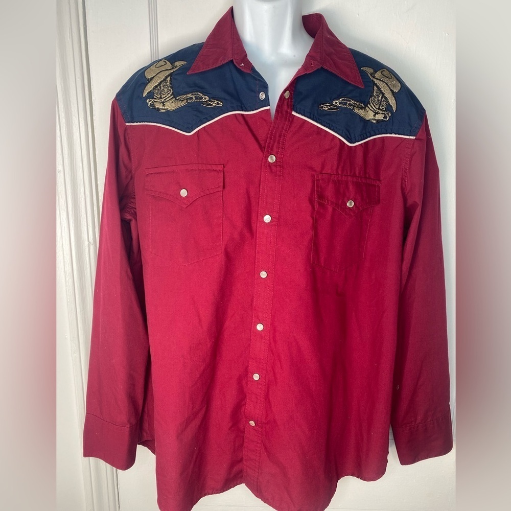 Vintage High Noon Red XL Western Shirt w Embroidered Cowboy Design & Pearl Snaps